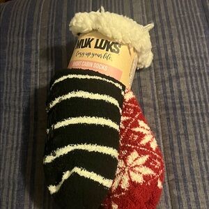 Muk Luks Striped and Snowflake Cabin Socks - Black and Red